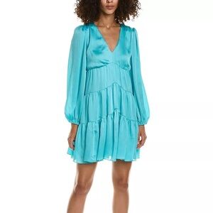 Trina Turk Aqua Satin Mini Dress Tiered Long Sleeve Wedding Guest Resort Size L